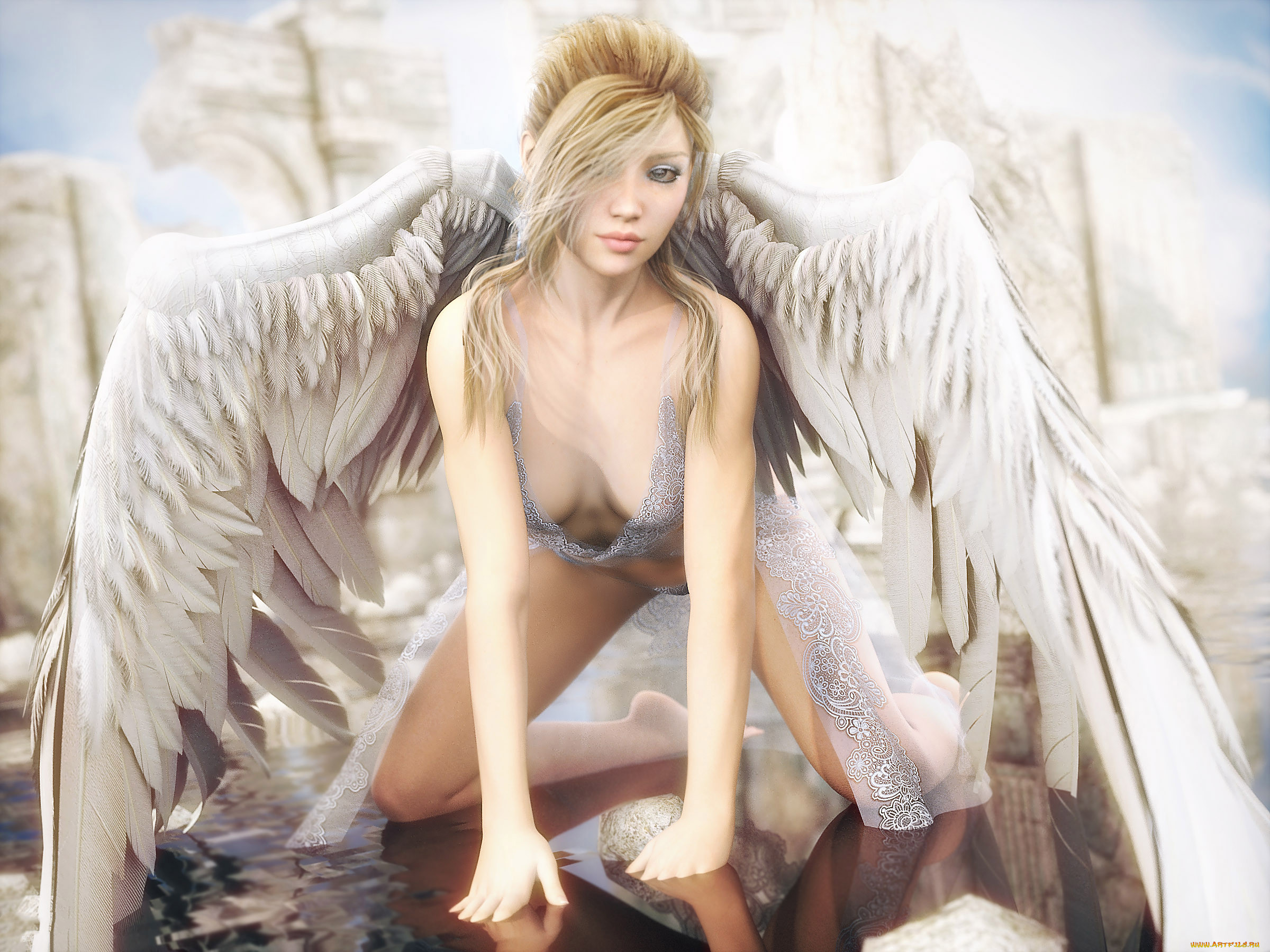 3д графика, ангел , angel, девушка, фон, взгляд, крылья.